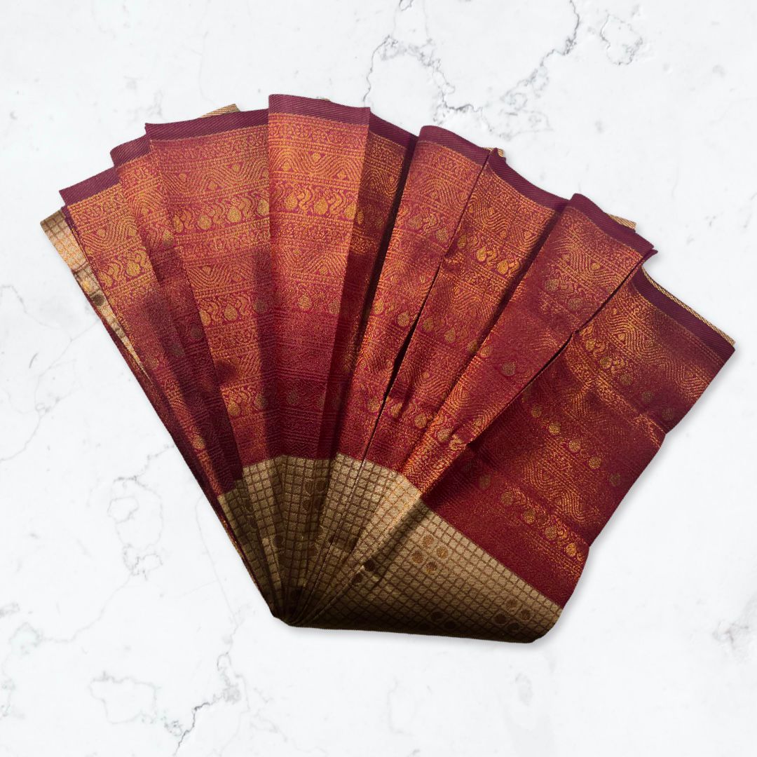 "Elegant Kuberapattu: Khaki Green Body with Burgundy Border and Copper Zari Checks"