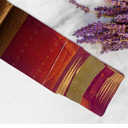 "Elegant Kuberapattu: Khaki Green Body with Burgundy Border and Copper Zari Checks"