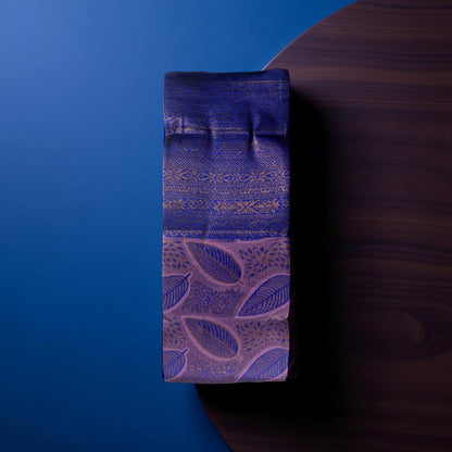''Regal Navy Blue & Violet Kubera Pattu Saree with Copper Zari Leaf Motifs"