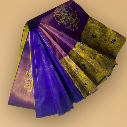 "Majestic Kuberapattu: Dark Purple Body with Mustard yellow Border and Copper Zari Floral Motifs"