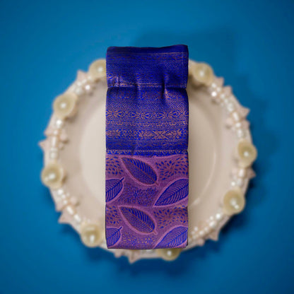 ''Regal Navy Blue & Violet Kubera Pattu Saree with Copper Zari Leaf Motifs"