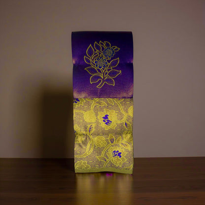 "Majestic Kuberapattu: Dark Purple Body with Mustard yellow Border and Copper Zari Floral Motifs"