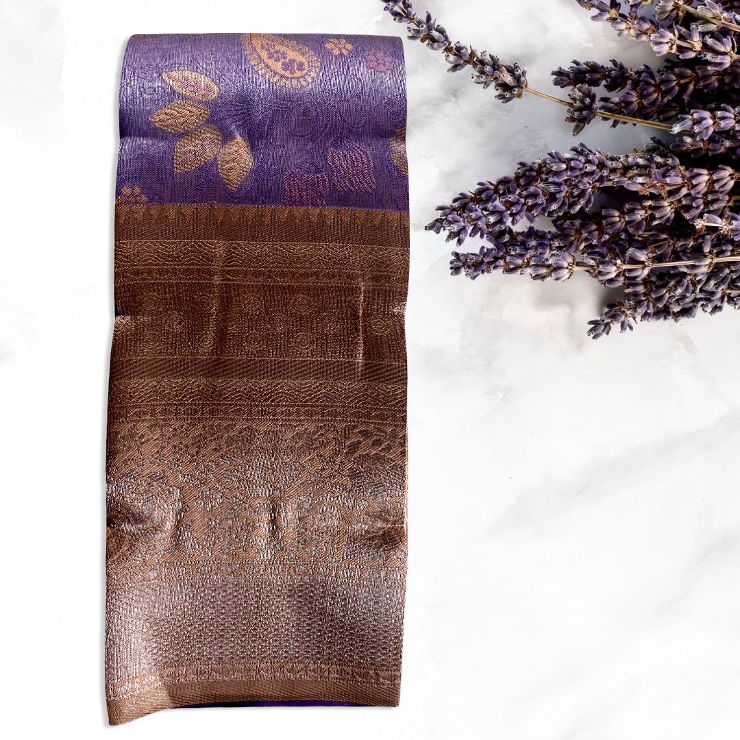 "Graceful Kuberapattu: Light Purple Body with Peach Border and Gold Zari"