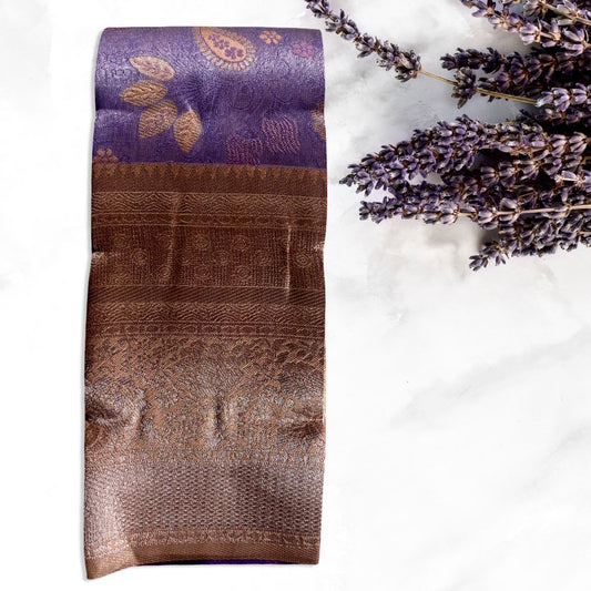 "Graceful Kuberapattu: Light Purple Body with Peach Border and Gold Zari"