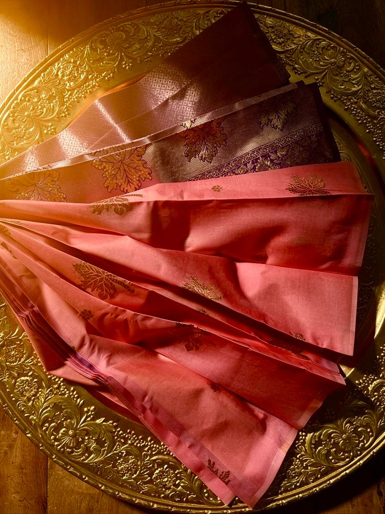 Festive Peach & Purple Soft Silk Saree with Traditional Gold Zari Work
