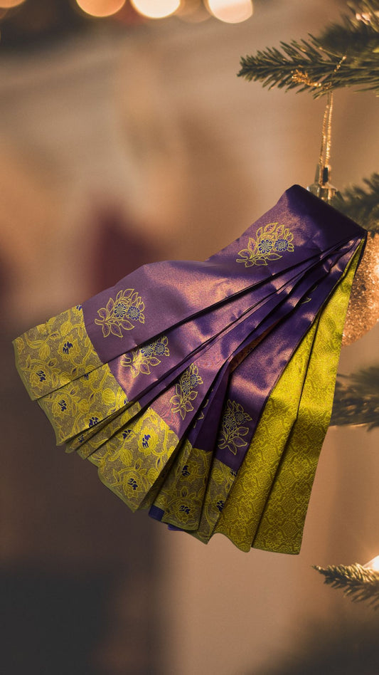 "Majestic Kuberapattu: Dark Purple Body with Mustard yellow Border and Copper Zari Floral Motifs"