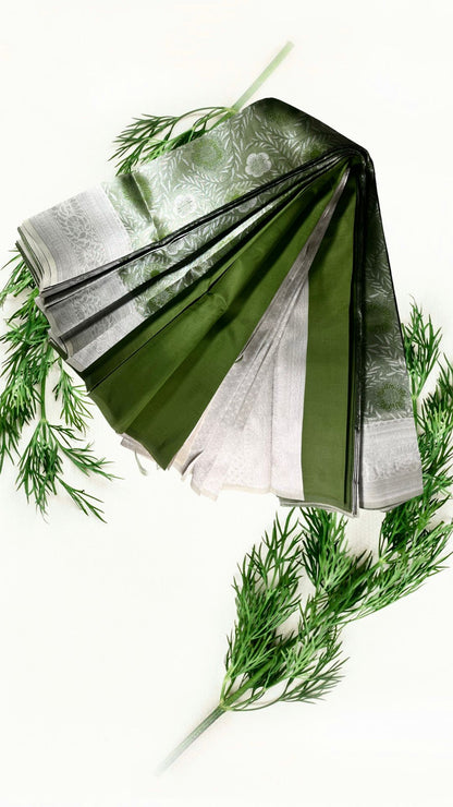 "Exquisite Green Kubera Pattu Saree with Silver Zari Weave"