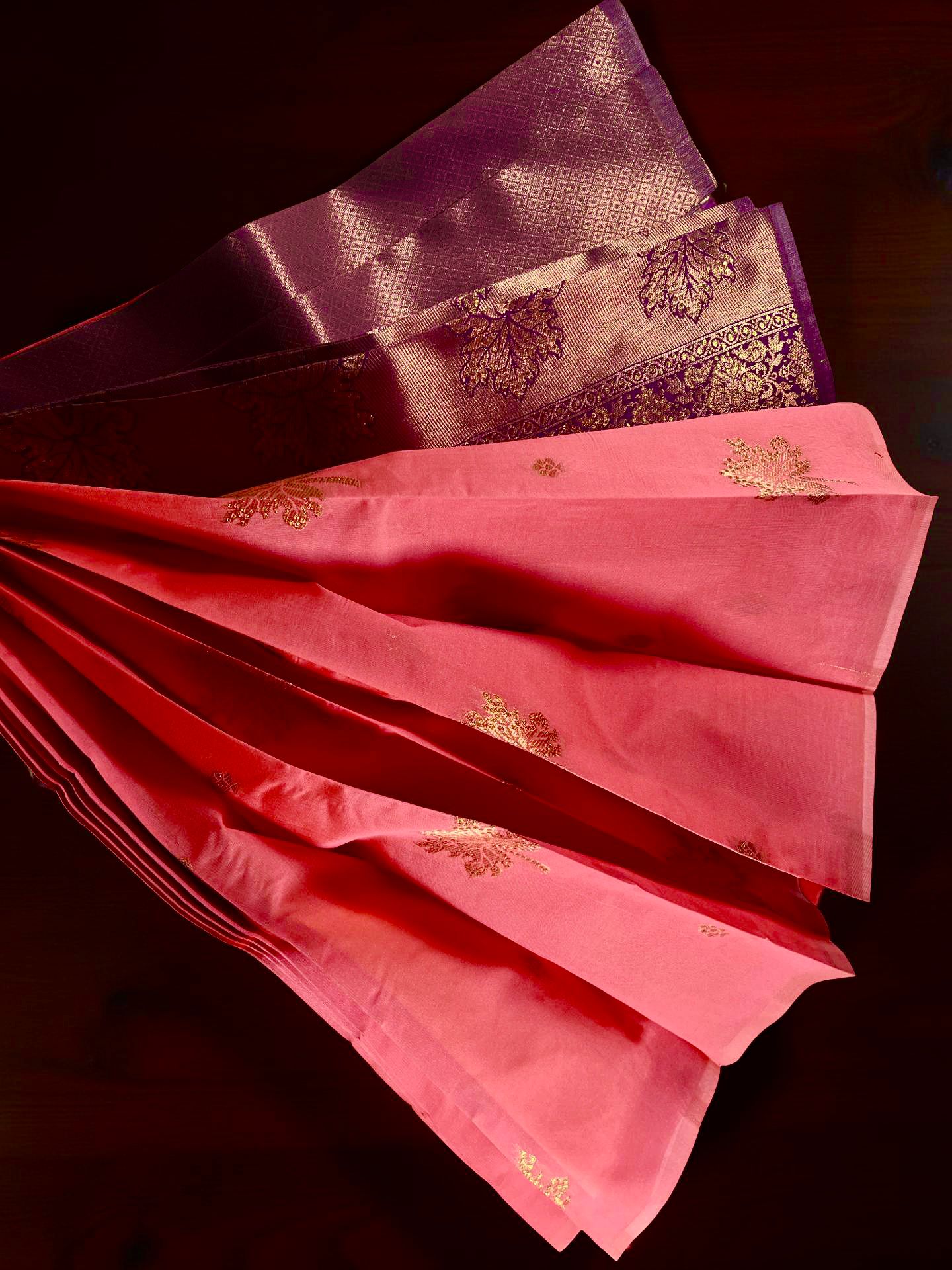 Festive Peach & Purple Soft Silk Saree with Traditional Gold Zari Work