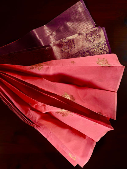Festive Peach & Purple Soft Silk Saree with Traditional Gold Zari Work