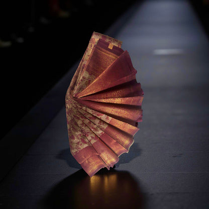 Luxurious Gold Zari Floral Weave Kubera Pattu Saree with Contrast Burgundy Accents