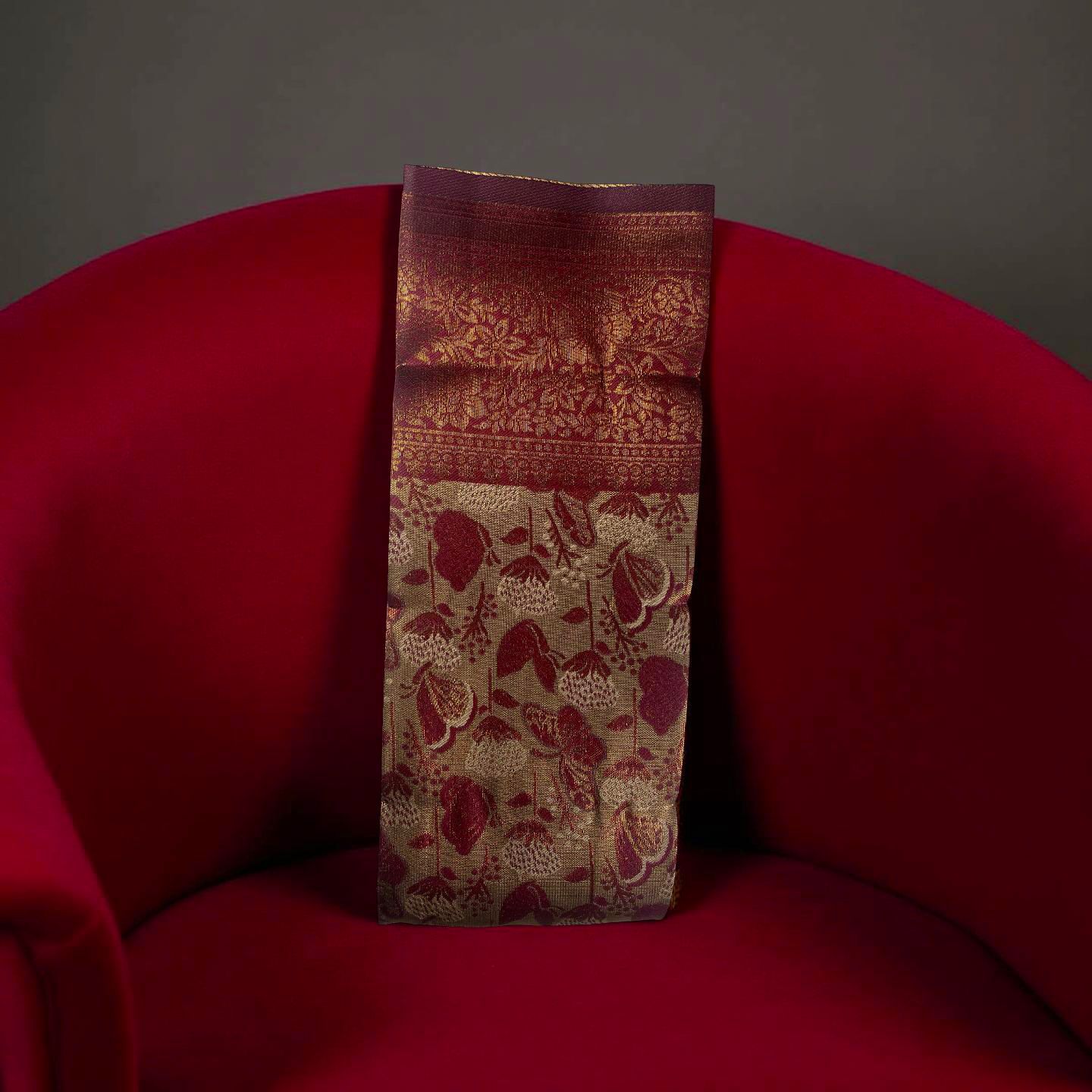 Luxurious Gold Zari Floral Weave Kubera Pattu Saree with Contrast Burgundy Accents