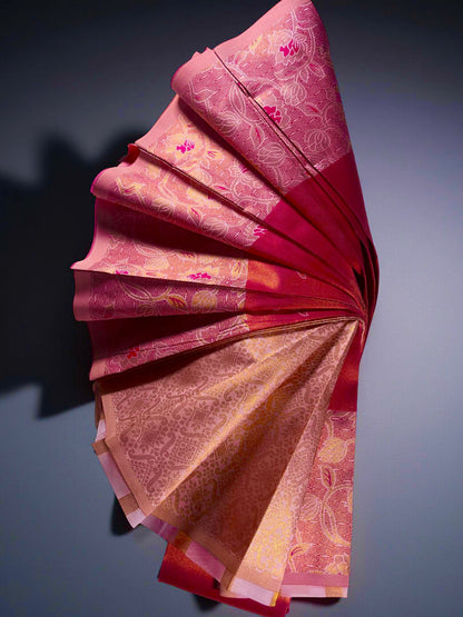 Peach and  pink floral kuberappattu saree