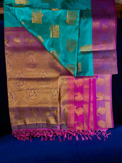 Vibrant Green & Pink Dakshini Pattu Saree with Intricate Copper Zari Weave