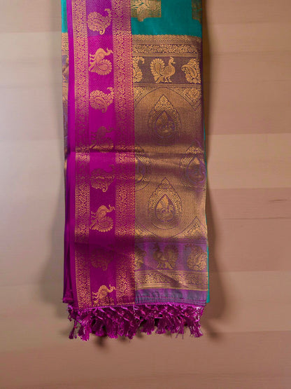 Vibrant Green & Pink Dakshini Pattu Saree with Intricate Copper Zari Weave