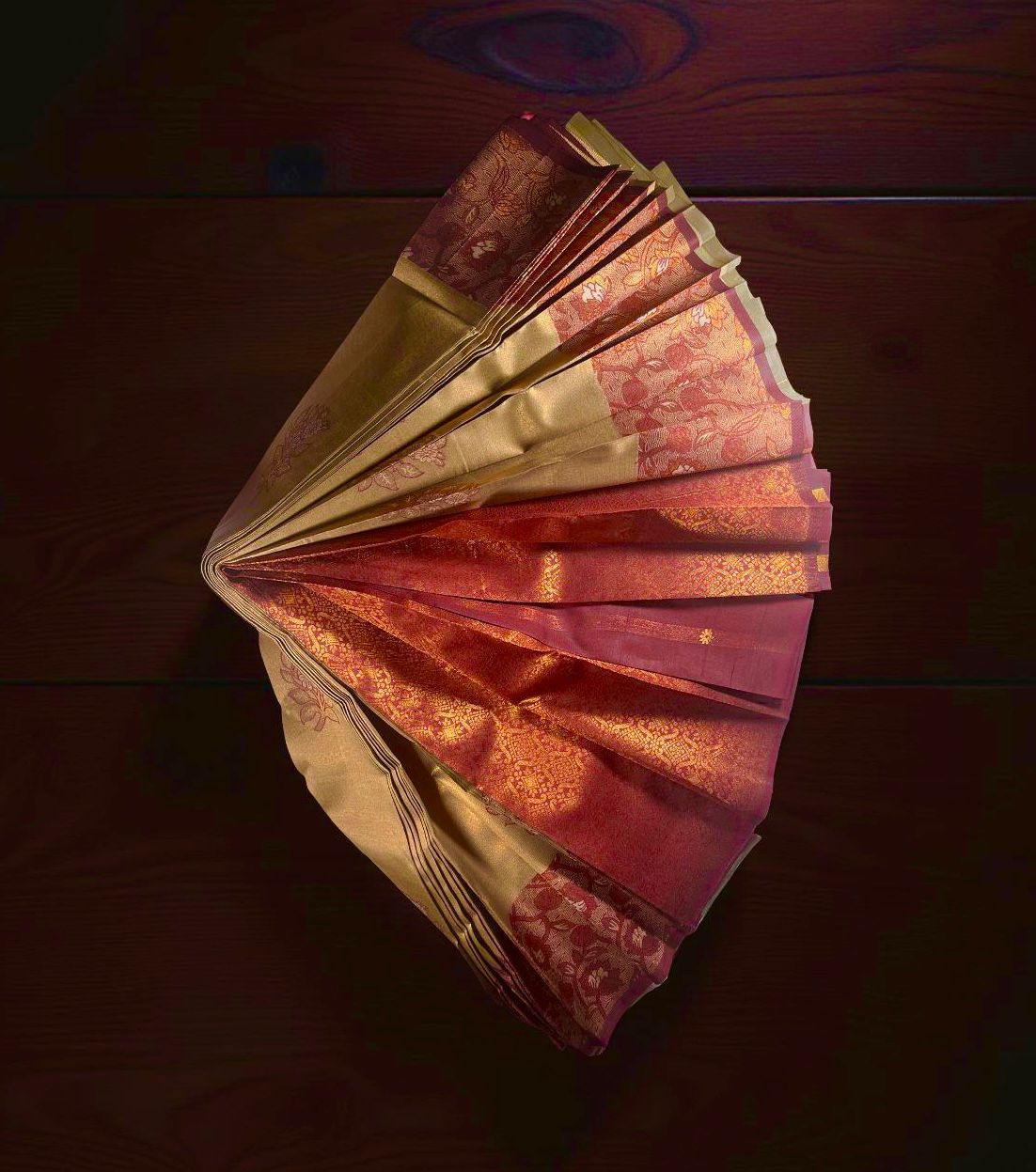 Elegant Kubera Pattu Saree: Khaki Body with Intricate Leaf Design & Burgundy Border