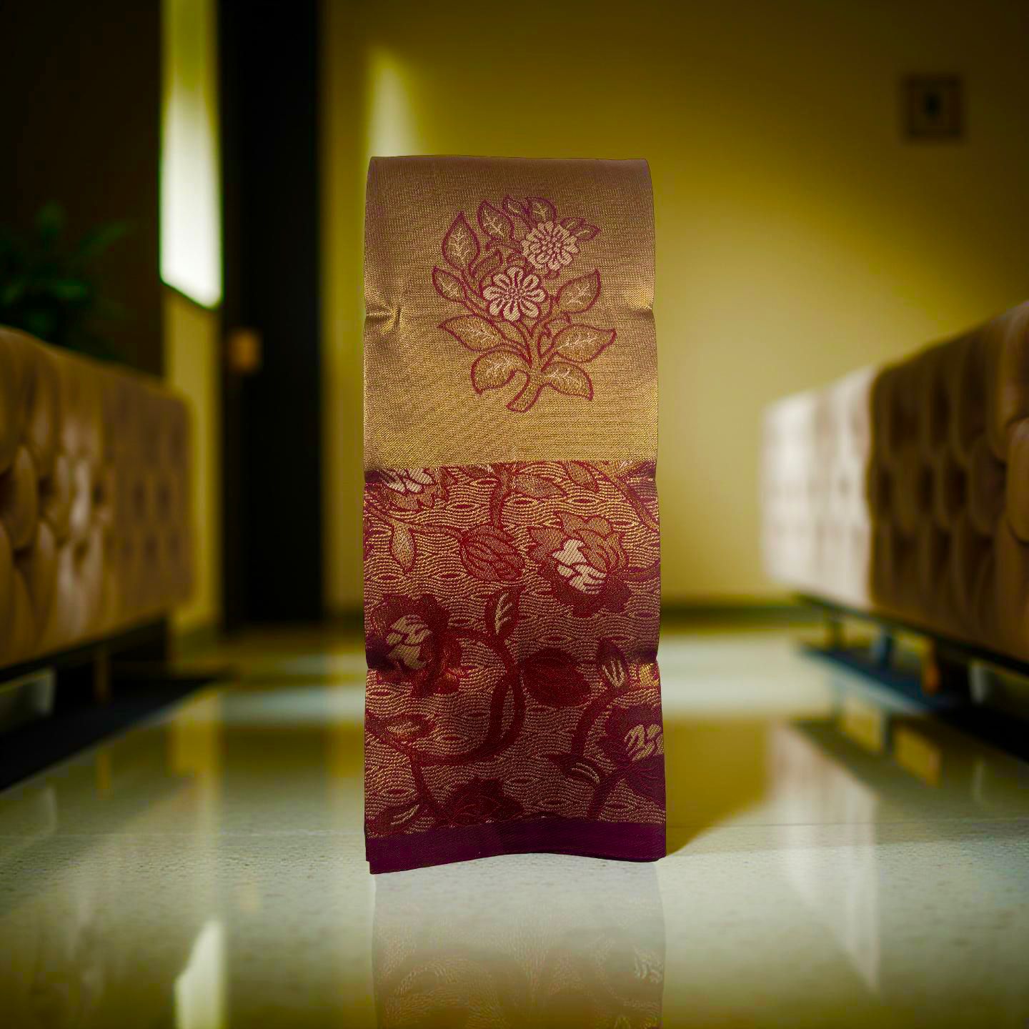 Elegant Kubera Pattu Saree: Khaki Body with Intricate Leaf Design & Burgundy Border