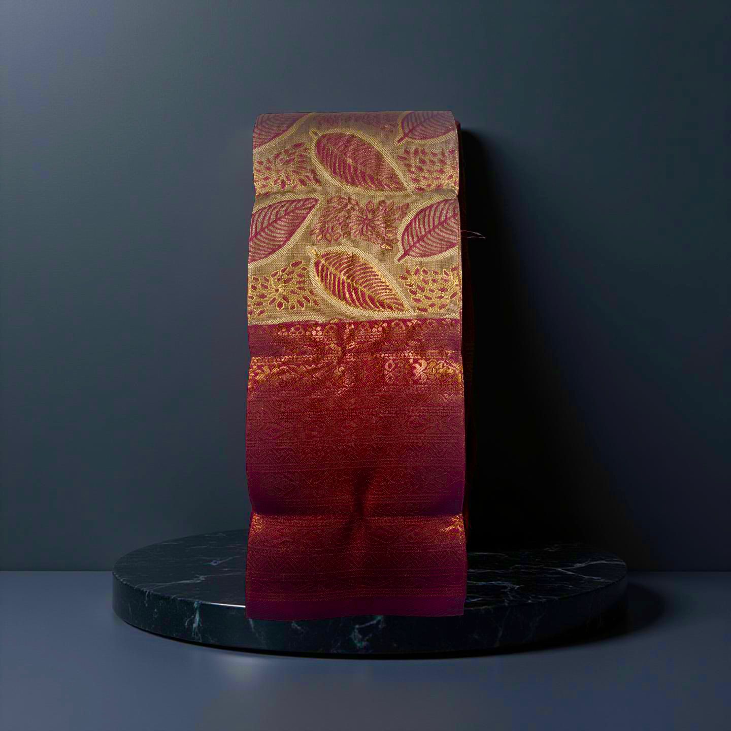 Elegant Kubera Pattu Saree: Khaki Body with Intricate Leaf Design & Burgundy Border