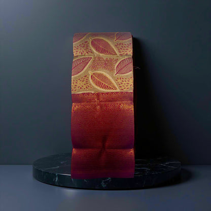 Elegant Kubera Pattu Saree: Khaki Body with Intricate Leaf Design & Burgundy Border