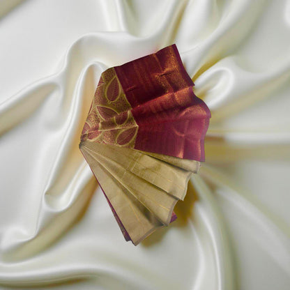 Elegant Kubera Pattu Saree: Khaki Body with Intricate Leaf Design & Burgundy Border