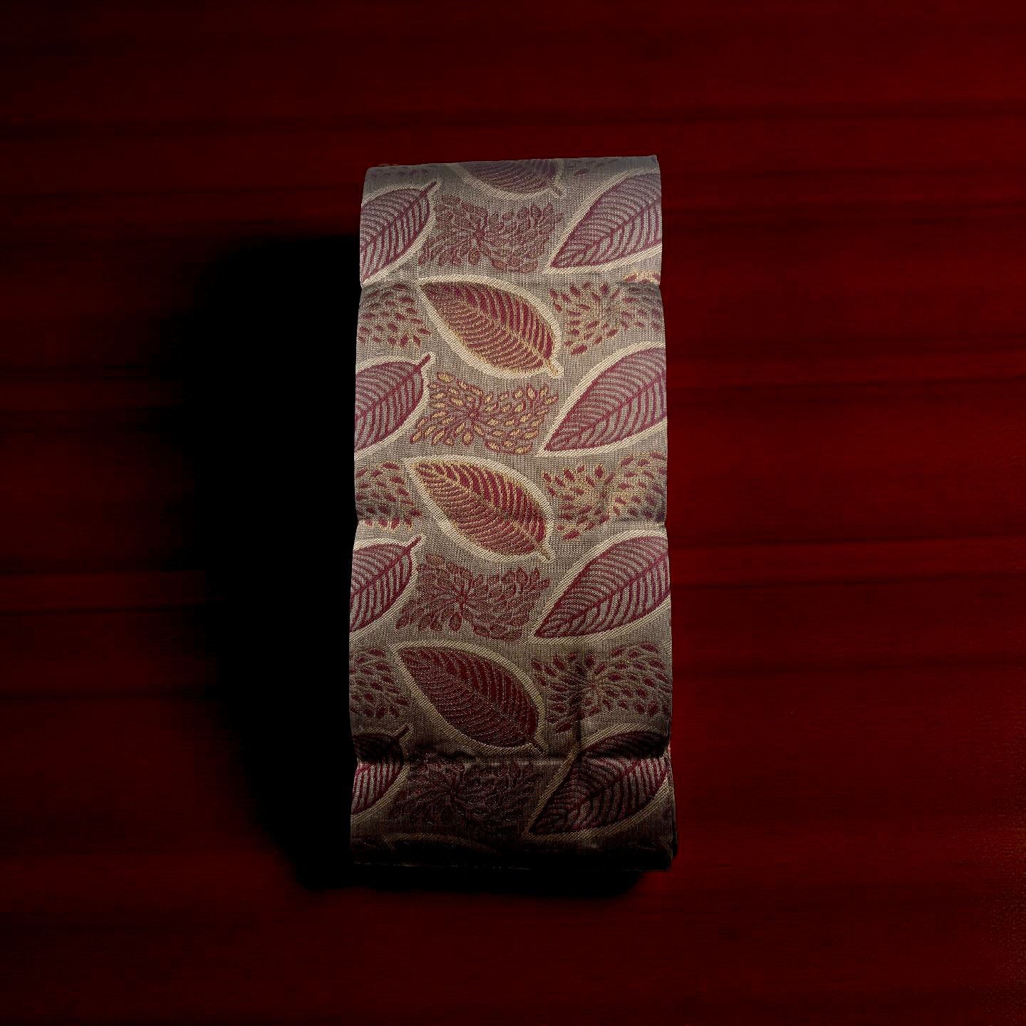 Elegant Kubera Pattu Saree: Khaki Body with Intricate Leaf Design & Burgundy Border