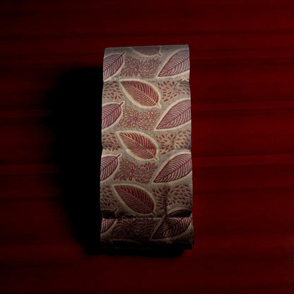 Elegant Kubera Pattu Saree: Khaki Body with Intricate Leaf Design & Burgundy Border