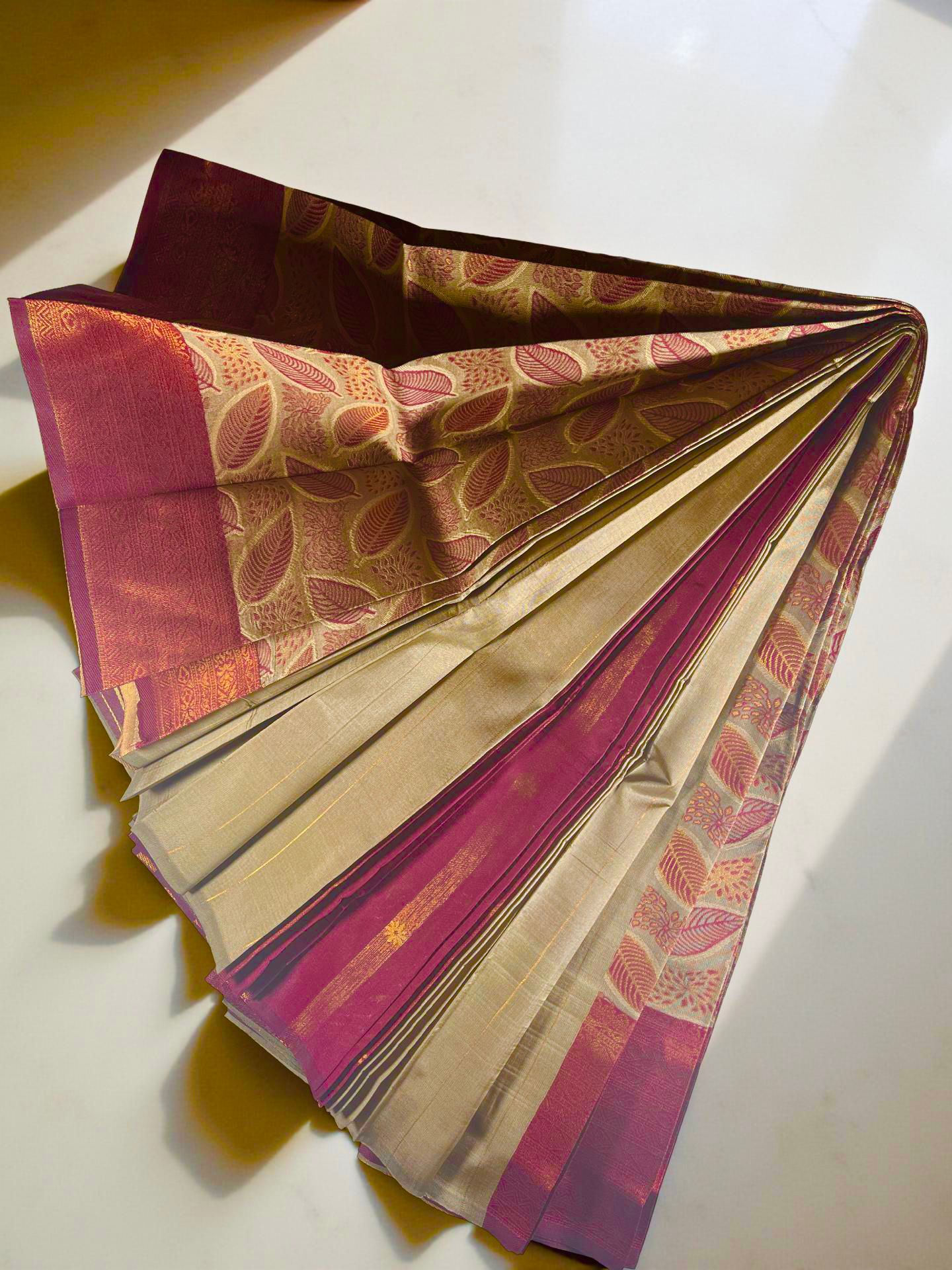 Elegant Kubera Pattu Saree: Khaki Body with Intricate Leaf Design & Burgundy Border