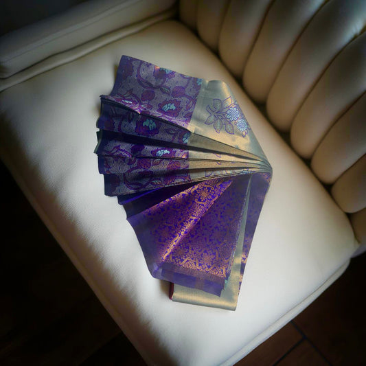 Elegant Light Grey Kubera Pattu Saree with Blue Border & Copper Zari Floral Weave