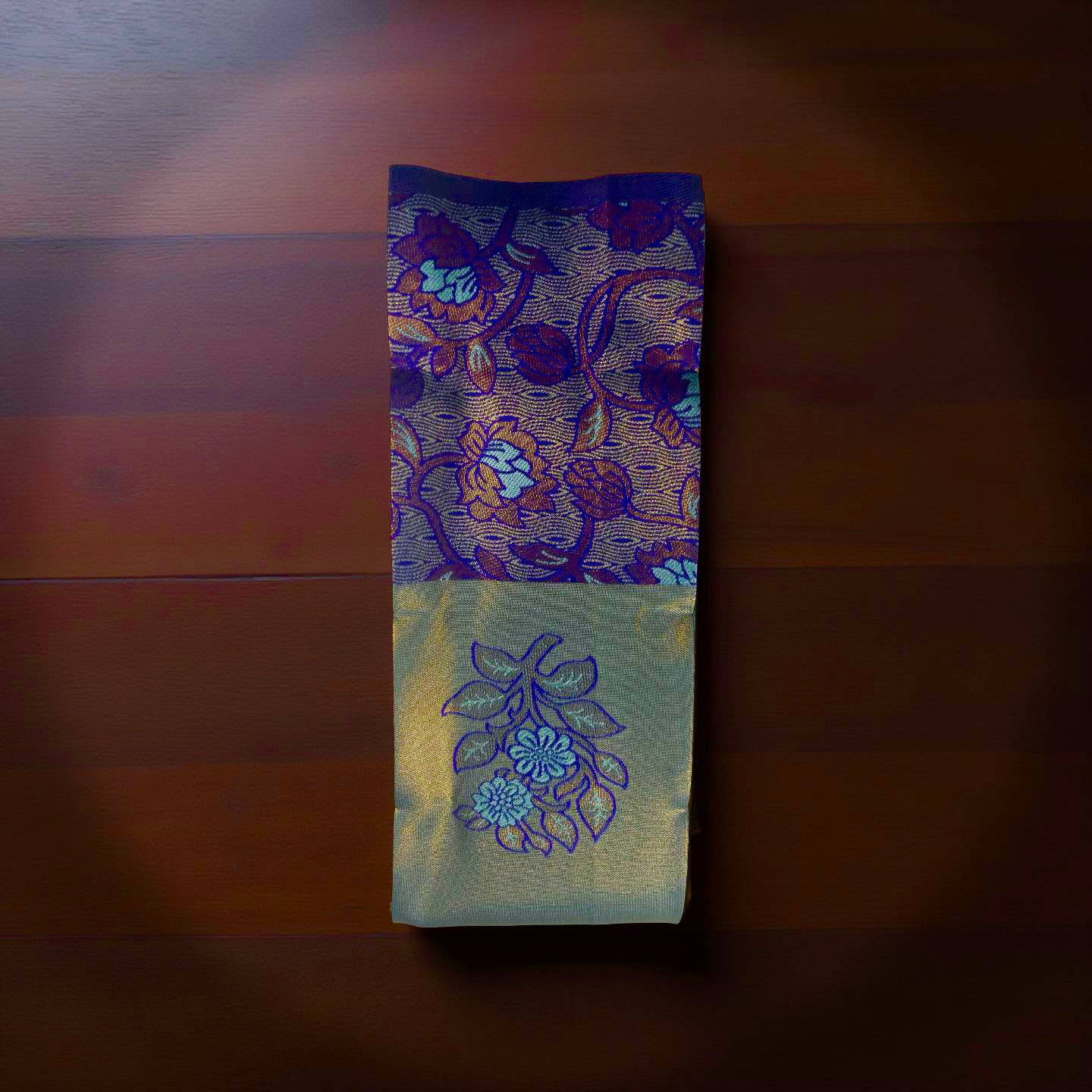 Elegant Light Grey Kubera Pattu Saree with Blue Border & Copper Zari Floral Weave