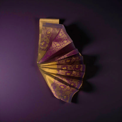 Exquisite Kubera Pattu Saree: Vibrant Yellow Body with Royal Purple Border & Floral Motifs