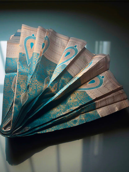 Serene  Blue Kubera Pattu Saree with Elegant golden Zari Motifs