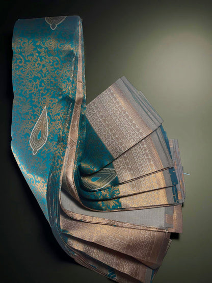 Serene  Blue Kubera Pattu Saree with Elegant golden Zari Motifs